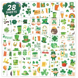 EMOME 250pcs St. Patrick's Day Temporary Tattoo Stickers for Kids, Glitter Tattoos for St Patrick's Day Decorations Accessories, Shamrock Irish Tattoo Stickers for Party Supplies Favors (28 Sheets)