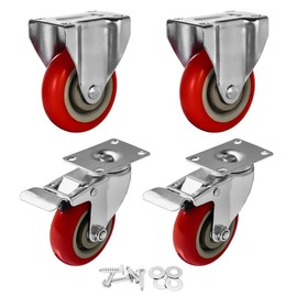 4 Pack 4" Caster Wheels - 2 Swivel 360 Degree with Brake, 2 Rigid Fixed Stationery COMBO On Red Polyurethane Wheels with Hardware