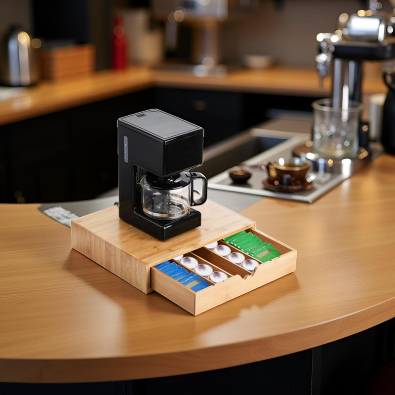 Peohud Bamboo Coffee Pod Drawer, Espresso Coffee Capsule Holder with