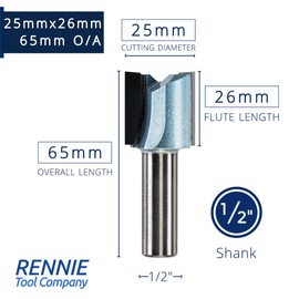 Rennie Tools - 25mm Cutting Diameter x 26mm Flute x 1/2" Shank TCT Tipped 2 Flute Straight Router Cutter Bit. Compatible With Makita Trend Festool Hikoki Dewalt Router Etc. 25mm Router Bit