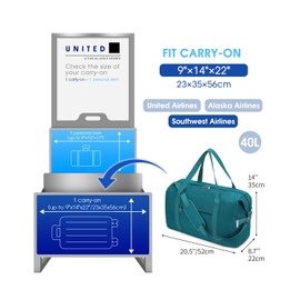 Narwey Carry on luaggage 22x14x9 Airlines Approved Foldable Carry on Bag Travel Duffel Packable Duffle with Wet Pocket Overnight for Women and Men 40L (Teal)