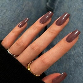 Uñas postizas marrones cuadradas largas, uñas postizas de gel suave, uñas acrílicas brillantes de cobertura completa con pegamento, uñas reutilizables