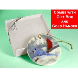 Christmas Cardinal and Blue Jay Ornament, Hand Painted Memorial Ceramic Round Christmas Tree Gift Includes Gold Ribbon String for Hanging and Gift Box, 2 7/8 Inches Diameter (Jay and Cardinal)