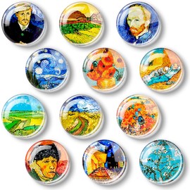 BUNCHBRAVO Small Refrigerator Magnets - Van Gogh Artwork Prints, 1.38-Inch Crystal Glass Decorative Magnets for Whiteboard, Locker, Dishwasher | Pack of 12