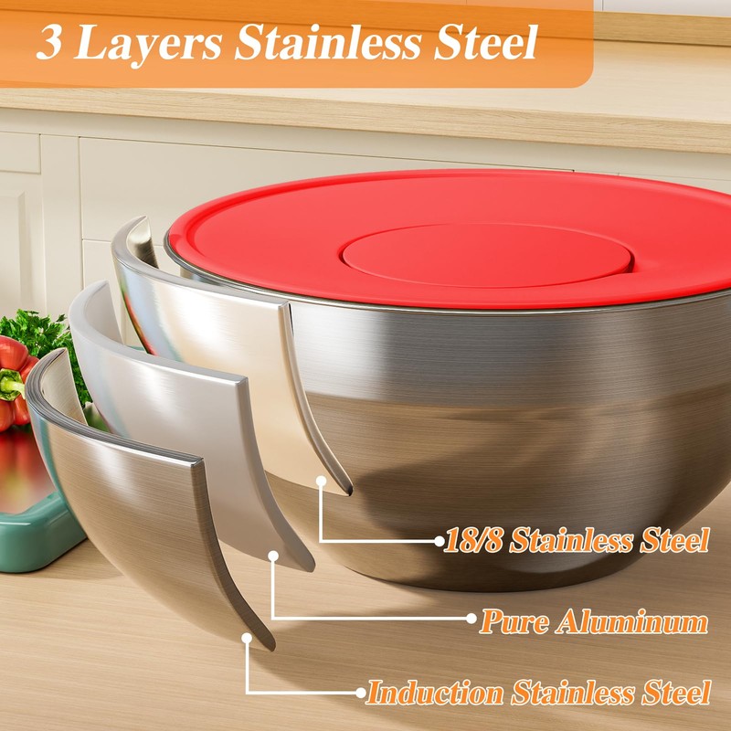 Winproper Mixing Bowls with Lids Set, 6 PCS Stainless Steel