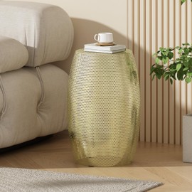 Christopher Knight Home Outdoor Side Table,Lace Cut Hollow Iron Side Table,Patio Garden Stool Coffee End Table,Round Drum Side Table,Metal Decorative Garden Stool for Patio, or Balcony,Gold