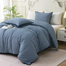 Mywinlle Navy Blue Gingham Pompom Duvet Cover Bedding Set Queen Size,3 Pieces 100% Washed Cotton Cute Plaid Checkered Comforter Cover Set(Queen 90"x90", Comforter Not Included)