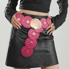 Heyjoin Hollow Wide Disc Belt for Women Out Round Leather Metal Buckle Belt Soft Durable Vintage Western Waist Belts (Rose Red Gold A-XL)