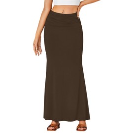 LYANER Women's Fold Over Waist Maxi Skirt Lightweight Floor Length Flared Long Skirts Brown Medium