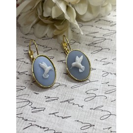 FANCY FOX BOUTIQUE Blue White  Hummingbird Bright Gold Boutique French Wire Cameo Earrings Wedding