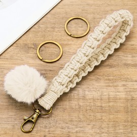 Gkeygo Keychain Wristlet, Woven Handmade Wrist Lanyard for Keys, Wrist Key Chains with 2 Keyrings for Women Car Keys ID Badges Card Wallet Phone, Off White