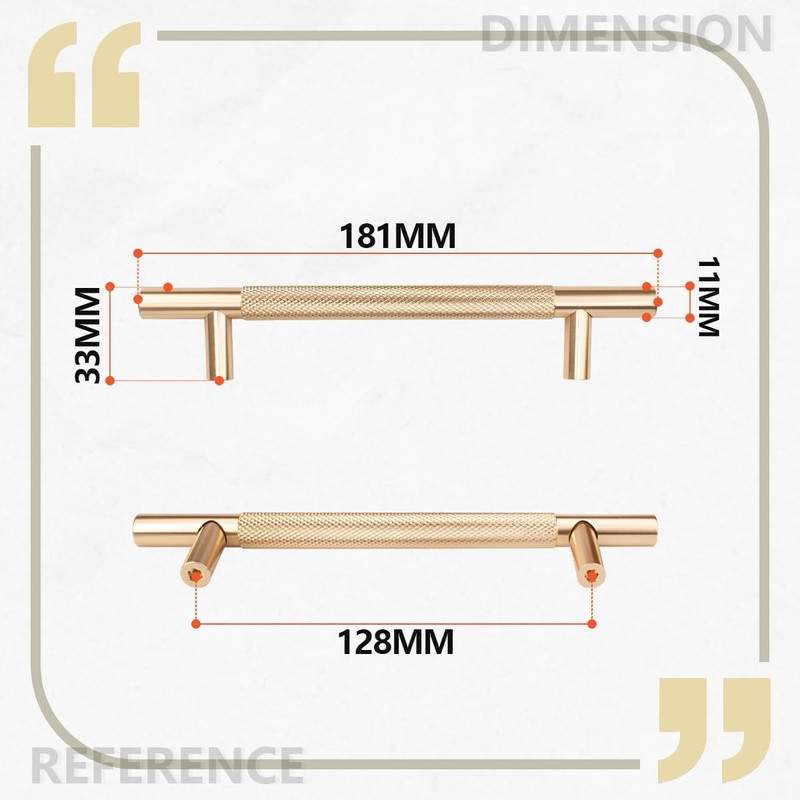 Bwintech 12 Pack Gold 181MM Knurled Cupboard Handles, 128MM Hole