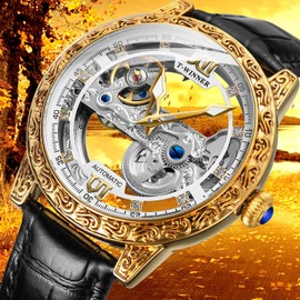 FORSINING Men Vintage Mechanical Self-wind Watch, Gorgeous Carving Totem Bezel，Luxury Double-sided Hallow Skeleton Dail with Diamond Scale Automatic Watches, Leather Strap Wristwatch, Gold White