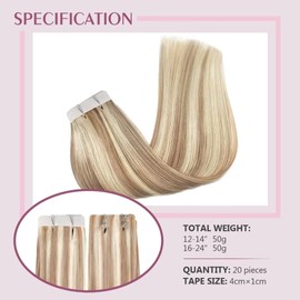 Fimislosion Tape In Hair Extensions Human Hair 22 Inch 20pcs 50g Color Light Golden with Brown