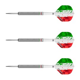 Juego de dardos con punta de acero de 24 g, 90 % tungsteno, bandera italiana de Italia, rojo, blanco y verde, Patriot X, con vuelos y ejes incluidos (2 juegos cada uno), con estuche de viaje, 24 gramos