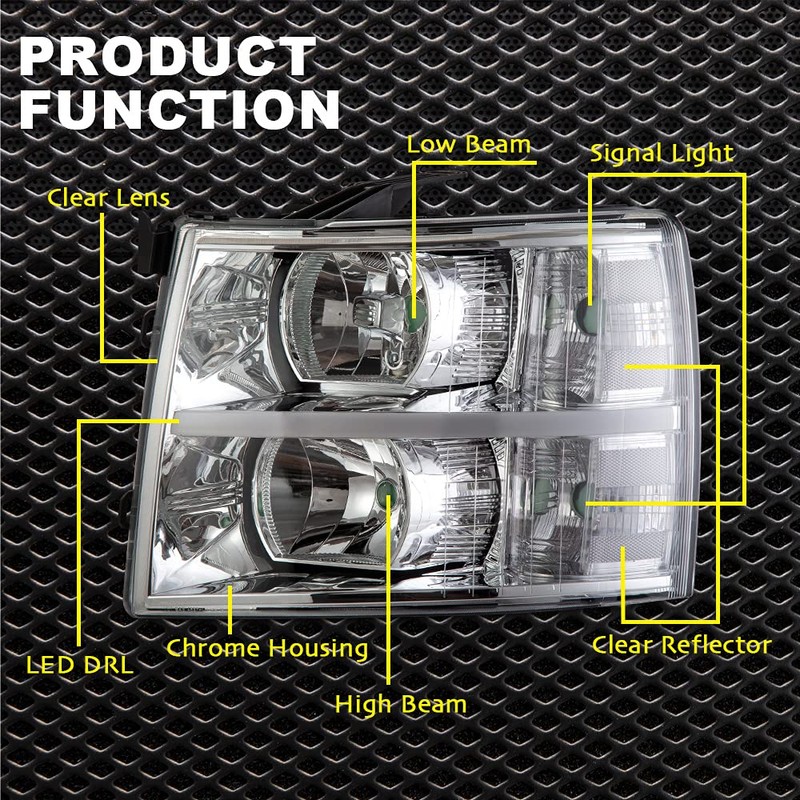 CNNELL LED DRL Headlight Assembly Compatible with 2007-2013 Chevy Silverado