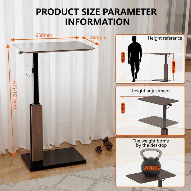 ETHU Overbed Table with Pneumatic Lift, 26.4-39.8 Inch Height Adjustable
