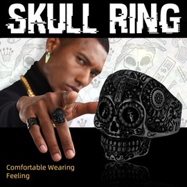 GOLDCHIC JEWELRY Big Skull Rings For Men Boys, Black Gothic Signet Ring For Rapper Size Z½, Stainless Steel