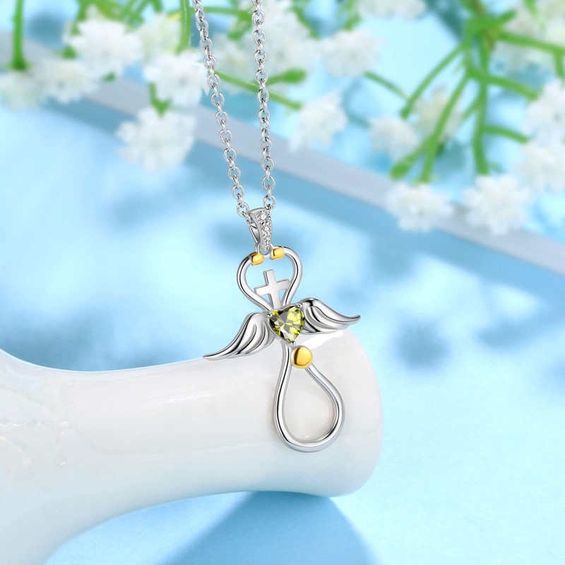Angel Heart Nurse Necklace for Women August Birthstone Stethoscope Neckalce