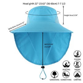 Magracy Men Women Outdoor Sun Hat Neck Flap Wide Brim Mesh UV Protection Hat Fishing Hats, water blue