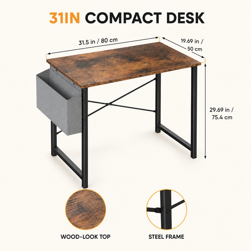 Computer Desk with Storage Bag, Metal Frame Study Table