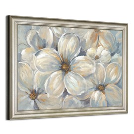 Large Rustic Flower Canvas Painting - Vintage Floral Wall Art Framed White Blooming Magnolia Picture Prints Artwork for Home Office