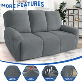 MAXIJIN Waterproof Recliner Couch Cover 5 Pieces Recliner Sofa Covers 3 Seater, Reclining Couch Furniture Protector with Elastic Straps & Pockets for Pet, Kids (Sofa Recliner, Light Gray)
