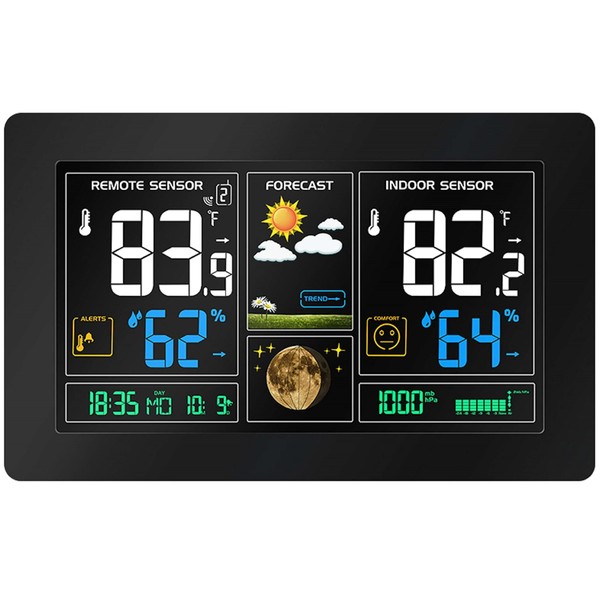 Wireless Weather Station, Colour Display, 2 Alarms, Weather Forecast with Calendar, Display of Indoor and Outdoor Temperature, Humidity, Hygrometer, Digital Thermometer, Weather Station, Alarm Clock