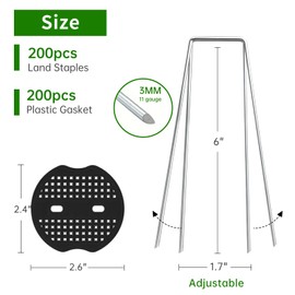 EnonGarden 200 Pack Landscape Staples and 200 Pack Gaskets, 6in U Shaped Galvanized Steel Garden Staples with Pad for Landscape Fabric Supplies for Weed Barrier Fabric