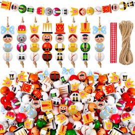 Cinnvoice 240 Pcs Christmas Wood Beads with Twine Christmas Nutcracker Wooden Beads Garland Christmas DIY Crafts Round Beads for Xmas Winter Party Farmhouse Home Decor