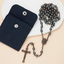 RONG YAN SHENG SHI Hematite Rosary Beads - 6mm Catholic With Jerusalem Holy Soil Cross, Antique Religious, Exquisite Gifts for Men Women