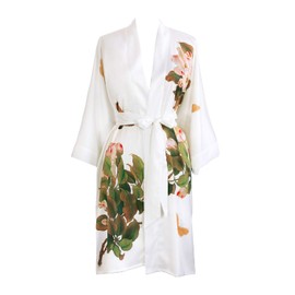OLDSHANGHAI Women's Charmeuse Kimono Robe Short - Watercolor Floral - Peony & Butterfly- White