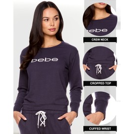 bebe Womens Pajama Sets - French Terry Pajamas for Women with L/S Pullover and Pants with Pockets (Midnight Lavender, Small)