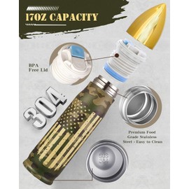 17oz Camo American Flag Bullet Tumbler, Camouflage Bullet Thermos for Men Who Have Everything, Cool Birthday Gifts for Men Dad, Unique Gag Gifts for Brother Husband Him