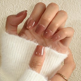 KQueenest Press on Nails Kurz mit Kleber – Sheer Hellgrau Nägel zum Aufkleben Kurz, Einfarbig Eckig Fake Nails Taupe, Quadratische Künstliche Nägel Set für Frauen & Mädchen, 24 Stück