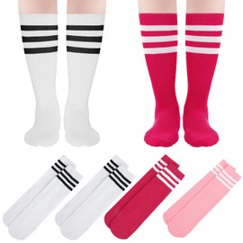 BONANGEL Kids Football Socks Baby Boys Girls Knee High School Socks Black Football Socks Youth White Athletic Striped Tube Long Cotton Seamless Sports Trainer Sleeve Socks for Boys Girls 3-6 Years