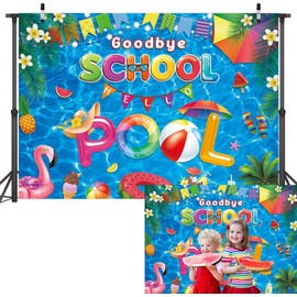 PGSWEER Goodbye School Hello Pool Backdrop 7x5FT End of School Year Background School's Out for The Summer Decorations Party Decorations Banner Vacation Beach Pool Party Photo Props
