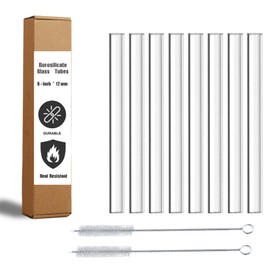6-Inch Borosilicate Glass Tube, 12mm OD x 2mm Thick, Clear Glass Tubes for Lab, DIY, Art, Science Experiments, 8-Pack with 2 Brushes, Heat-Resistant, Safe for Blowing, Crafting
