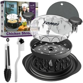 TOMBI Chicken Shredder | 4 in 1 Visible Meat Shredder with Mat, Tong, Tray & Brush | BPA-Free, Non-Slip, Dishwasher Safe | Perfect for Shredded Chicken, Pork & Beef