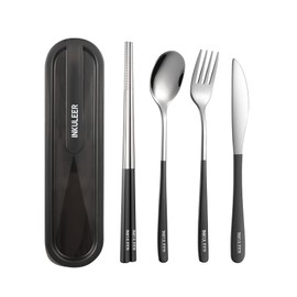Juego de cubiertos de viaje, cubiertos de acero inoxidable 18/8, juego de utensilios reutilizables con estuche, cubertería portátil para lonchera de c