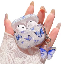 PHOEACC for Airpod 4 Case Cute White Marble Hard Protective Cover with Keychain Compatible with AirPods 4th Generation Case 2024 for Girls Women (Bluish-Purple Butterfly)