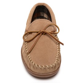 Minnetonka Plaid Lined Hardsole - Moccasin Slippers for Men Made with Suede Upper, Rubber Sole, Plush Interior, Fleece Lining, Rawhide Lace, and Traditional Moccasin Design, 12 M Cinnamon