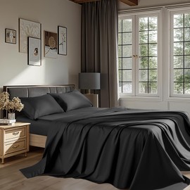 REDASW 100% Egyptian Cotton Sheet Set King Size 4 Pcs Bedding Sets 1200 Thread Count 16" Deep Pocket Fitted Sheet Soft Breathable All Seaon (King, Black)