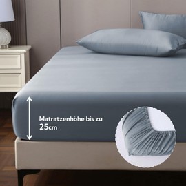 MILDLY Fitted Sheet 90 x 190 cm Satin, 100% Long Staple Cotton Silky Luxury Flat Sheet up to 25 cm Mattress Height, Oeko-Tex Certified Ashley Blue
