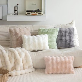 Soft Pink Faux Fur Spring Throw Pillow Covers 18x18 Set of 2 Striped Decorative Plush Velvet Cushion Covers for Sofa Bedroom Living Room Pillow Spring Home Decor