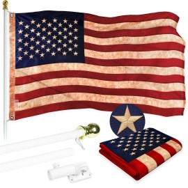 UD_G128 Combo Pack: 5 Ft Tangle Free Aluminum Spinning Flagpole (White) & USA Tea-Stained Flag 2x3 Ft, ToughWeave Pro Series Emb