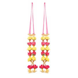 Aditri Creation Set of 2 Artificial Rose Flowers Ribbon Garland Haar Mala for Idol-Mala for God, Indian Traditional Pooja Sringar Articles Ornament (Size:-7")(Pink,Yellow & Golden)