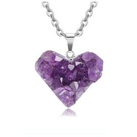 Jovivi Amethyst Crystal Heart Necklace for Women Men, Natural Raw Rough Crystal Cluster Amethyst Quartz Stone Pendant Necklace Jewelry for Spiritual Reiki Healing