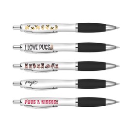 DV DESIGN 5 x Pugs Black Pens - Dogs Pets Puppy Pun Funny Animal Stationary Equipment School Teacher Friend Girls Boys Birthday Set #81316