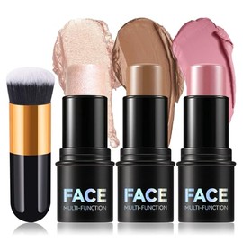 Kit de maquillaje en barra de contorno de crema de 3 piezas con brocha de maquillaje, tonos con resaltador, barra de pincel, bronceador crema para esc